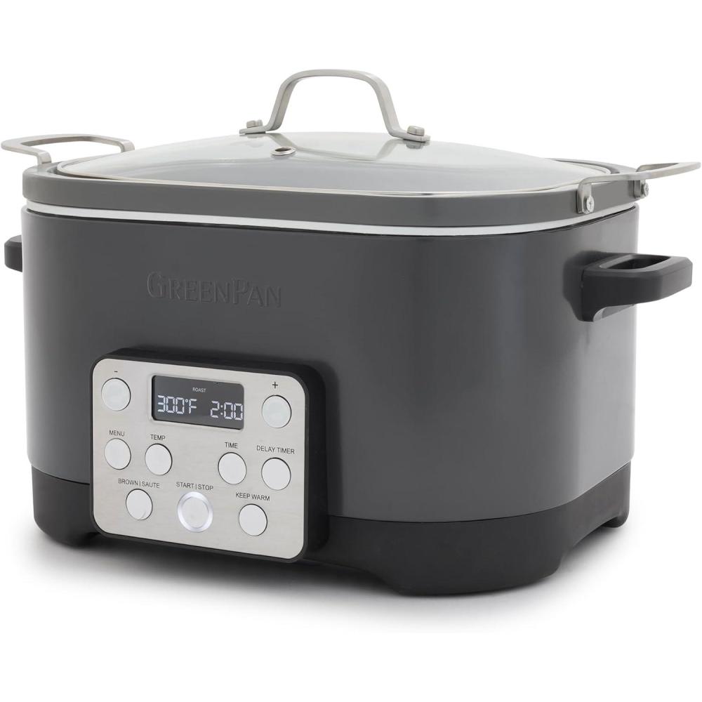 GreenPan Electric 6QT Slow Cooker with Lid, Ceramic Nonstick PFAS-Free Removable Pot, 5-in-1 Multifunction Design, In-Pot-Browning, Keep Warm, Dishwasher & Oven Safe Inner Bowl, Stainless Steel(Graphite)