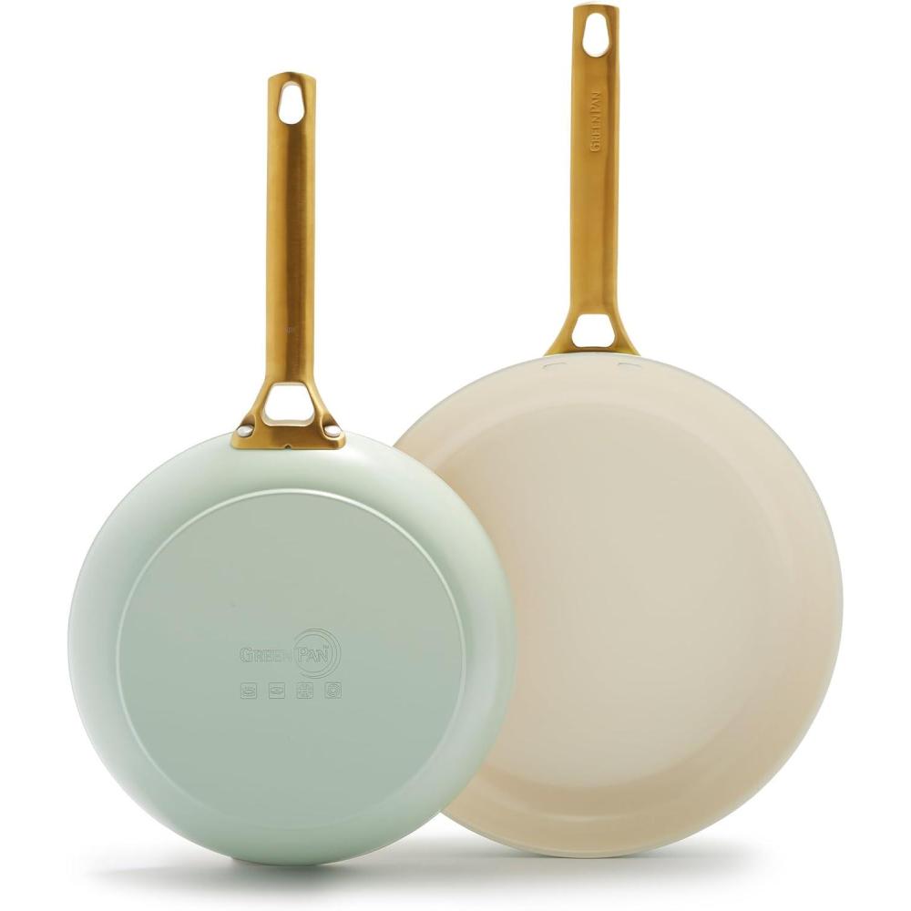 GreenPan Hard Anodized Healthy Ceramic Nonstick 10″ and 12″ Frying Pan Skillet Set, Gold Handle, PFAS-Free, Dishwasher Safe, Oven Safe, Black(Julep Green)