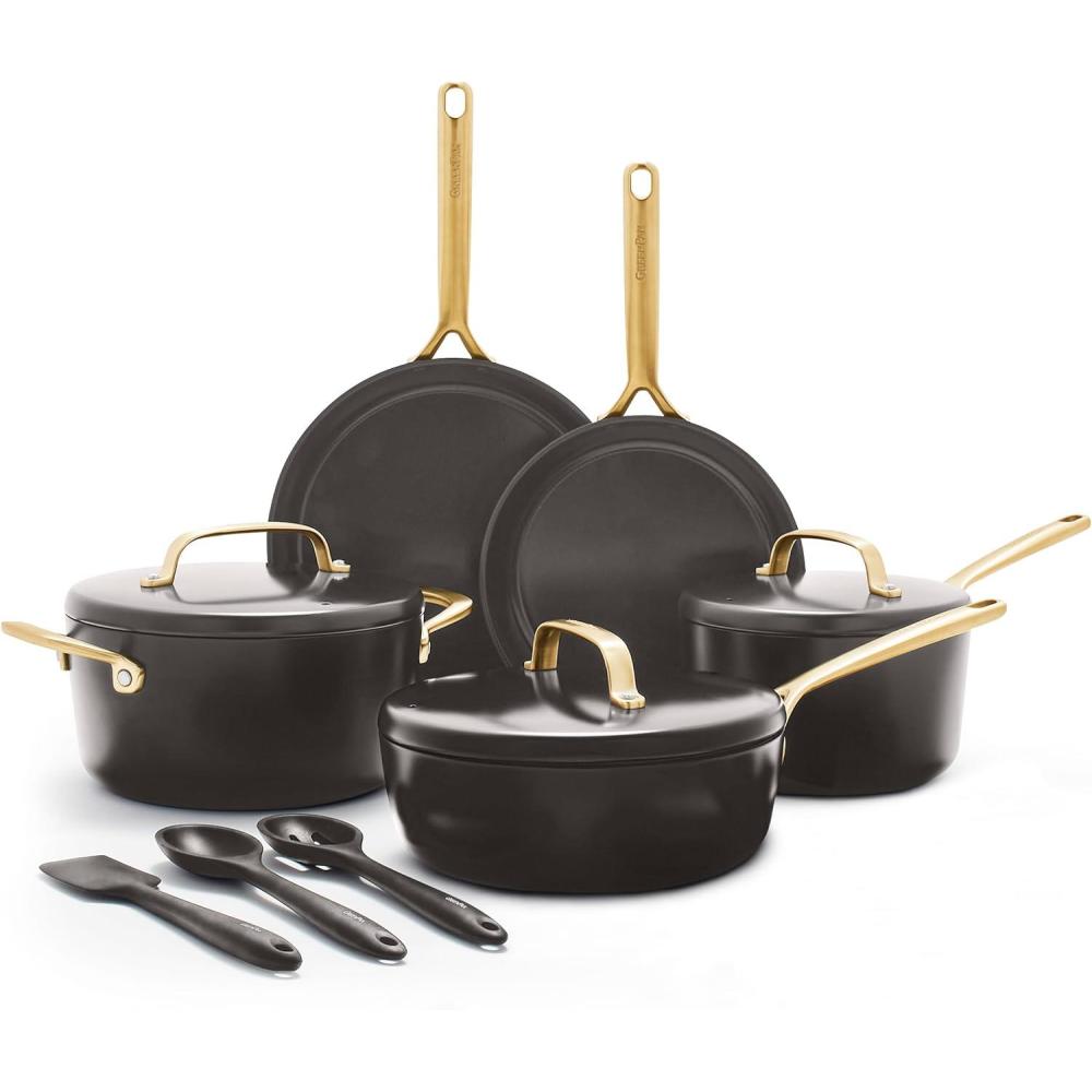 GreenPan GP5 Hard Anodized Healthy Ceramic Nonstick 14 Piece Cookware Pots and Pans Set, Induction, PFAS-Free, Heavy Gauge Stay-Flat Surface, Champagne Handles, Oven Safe, Rainforest Green(Black)