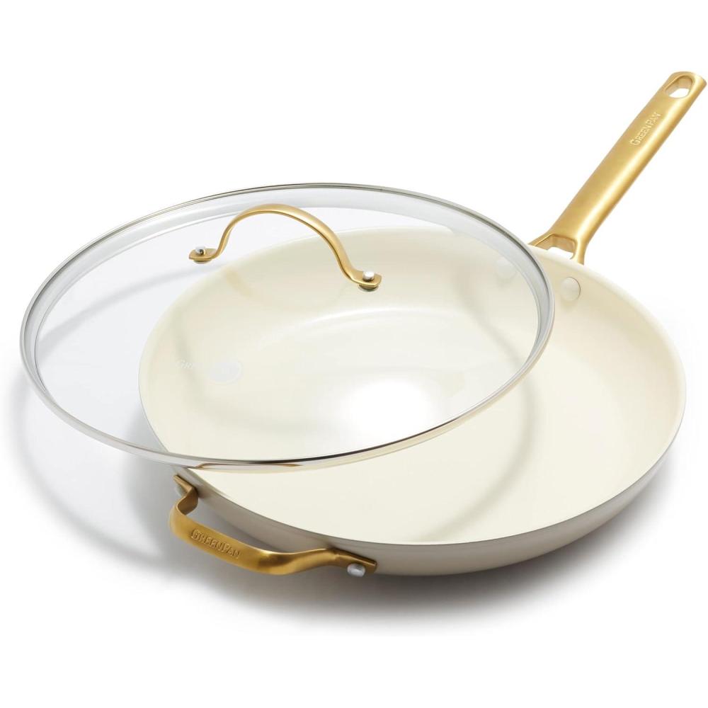 GreenPan Hard Anodized Healthy Ceramic Nonstick 12″ Frying Pan Skillet with Helper Handle and Lid, Gold Handle, PFAS-Free, Dishwasher Safe, Oven Safe, Julep Green(Taupe)