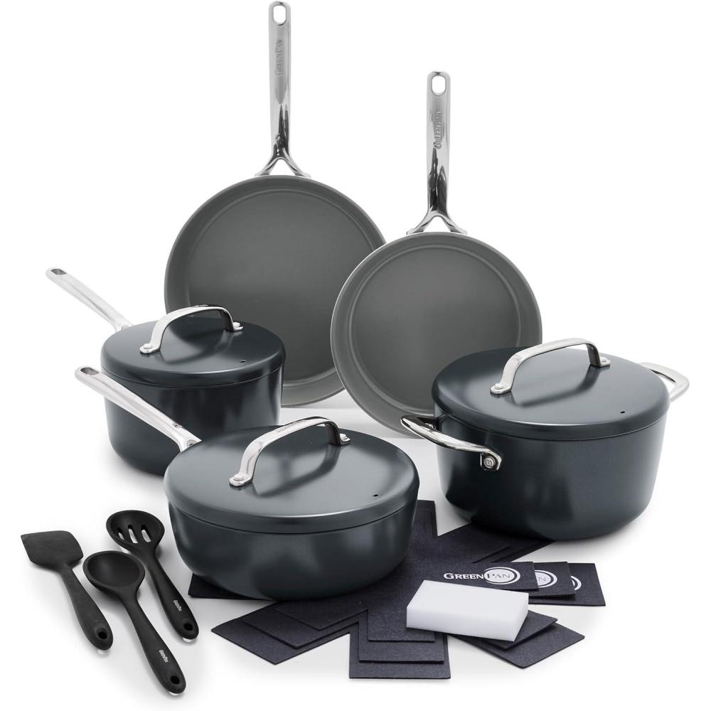 GreenPan GP5 Hard Anodized Healthy Ceramic Nonstick 14 Piece Cookware Pots and Pans Set, Induction, PFAS-Free, Heavy Gauge Stay-Flat Surface, Champagne Handles, Oven Safe, Rainforest Green(Slate)