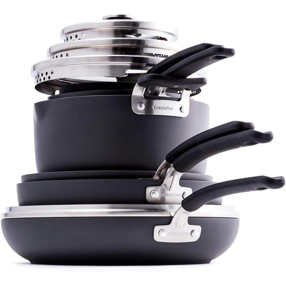 GreenPan Levels Stackable Hard Anodized Healthy Ceramic Nonstick, 6 Piece Cookware Pots and Pans Set, PFAS-Free, Dishwasher Safe, Black(11 Piece Cookware Pots and Pans Set)