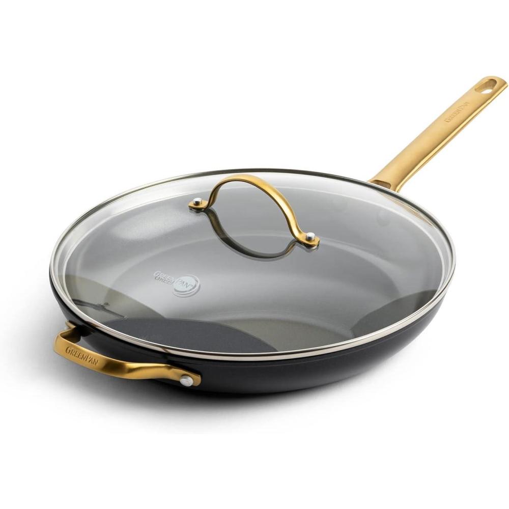 GreenPan Hard Anodized Healthy Ceramic Nonstick 12″ Frying Pan Skillet with Helper Handle and Lid, Gold Handle, PFAS-Free, Dishwasher Safe, Oven Safe, Julep Green(Black)