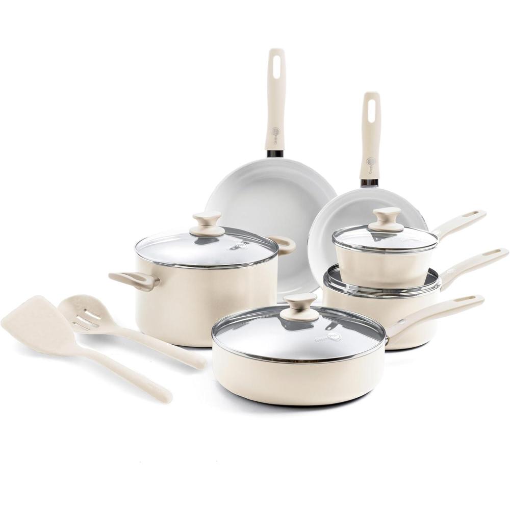 GreenPan Dover Healthy Ceramic Nonstick, 12 Piece Cookware Pots and Pans Set, PFAS-Free, Dishwasher Safe, Comfort Grip Handle, Gray(Cream White)
