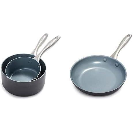 GreenPan Lima 1QT and 2QT Ceramic Non-Stick Saucepan Set, Gray – & Lima 8″ Ceramic Non-Stick Open Frypan, Gray – CW0002858(Gray)