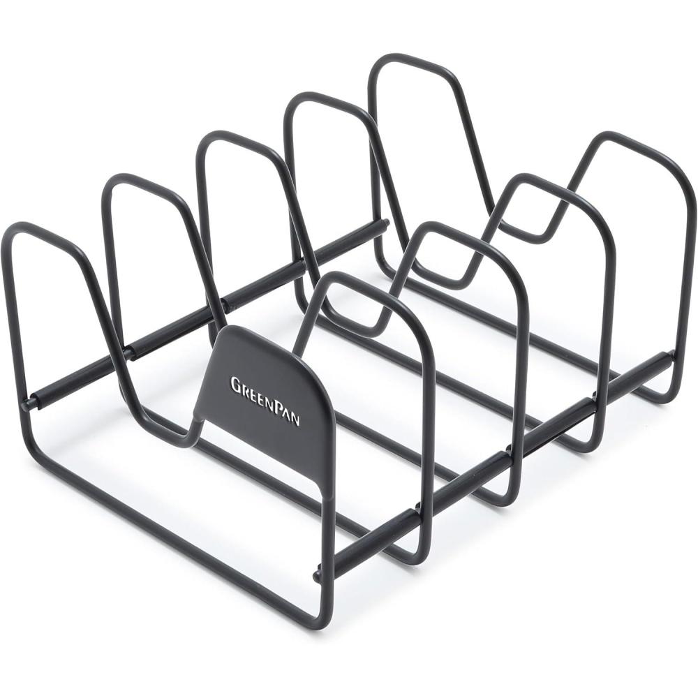 GreenPan Stainless Steel Wire Cookware Storage Rack, 5 Frying Pan Compartments, Countertop or Cabinent Organizer, Minimizes Clutter, Fast Drying, Wipes Clean, Black(Lid Storage Rack)