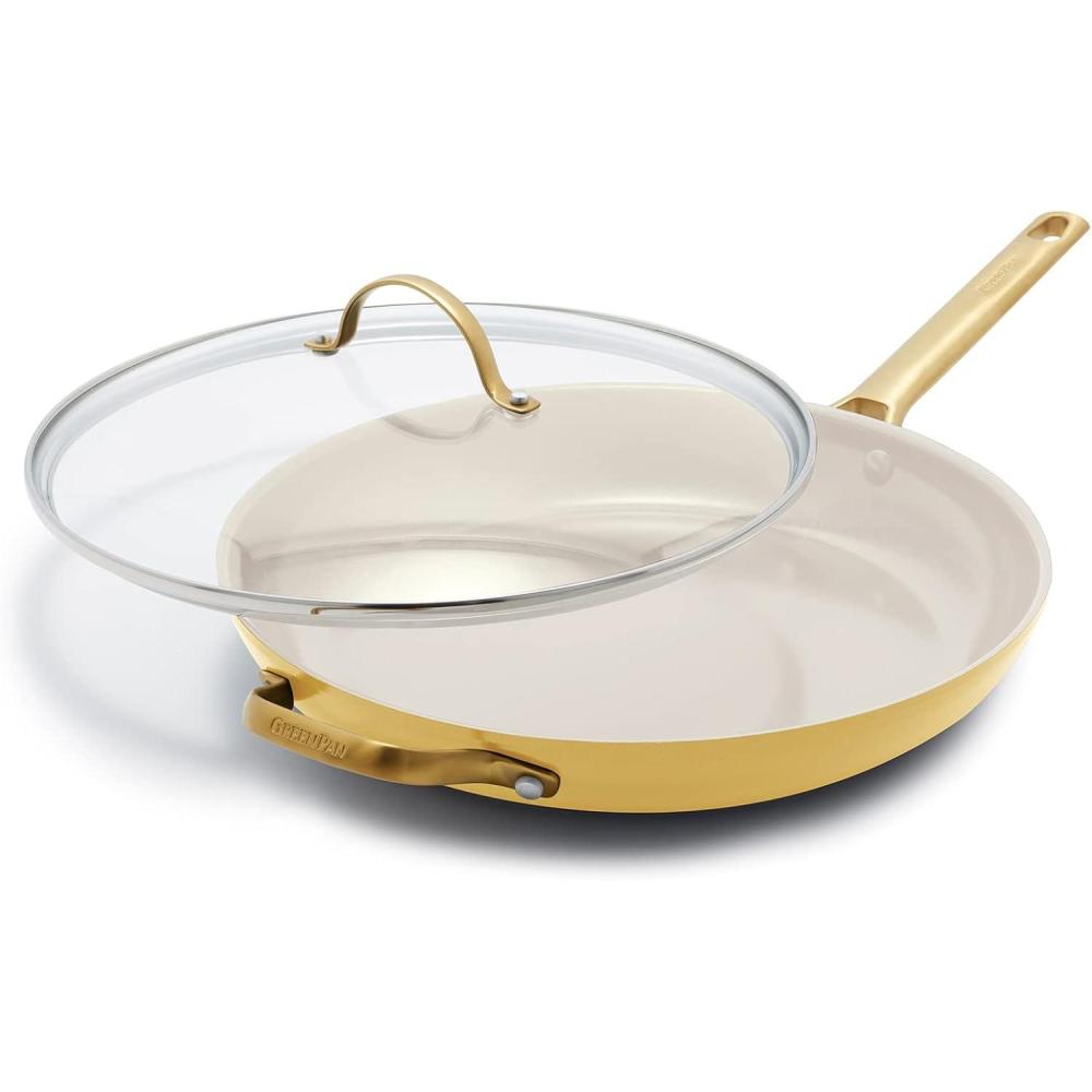 GreenPan Hard Anodized Healthy Ceramic Nonstick 12″ Frying Pan Skillet with Helper Handle and Lid, Gold Handle, PFAS-Free, Dishwasher Safe, Oven Safe, Julep Green(Sunrise Yellow)