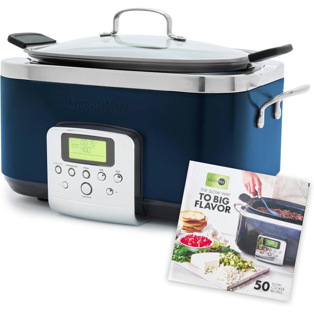 GreenPan Elite 8-in-1 Programmable 6 Quart Electric Slow Cooker, GlassLid & Removable Crock, PFAS-Free Healthy Ceramic Nonstick Multi-Cooker,Sear, Sauté/Brown,Roast, Cobalt Blue + Slow Cooker Cookbook