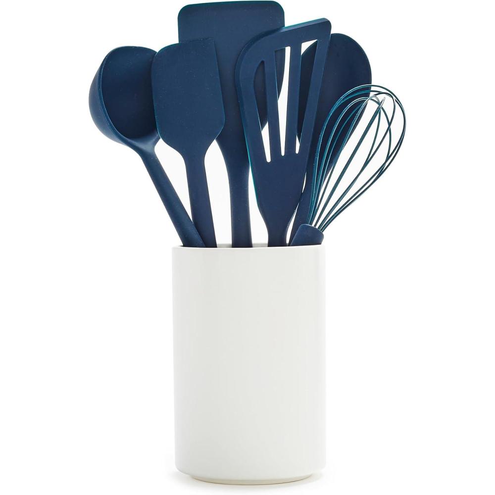 GreenPan Silicone 6 Piece Cooking Utensil Set & Holder, Spoon, Spatulas, Whisk, Ladle, Flexible Nonstick Kitchen Tools, Steel Core Heat-Resistant Anti-Slip Handle BPA-Free Dishwasher Safe, Oxford Blue(Oxford Blue)
