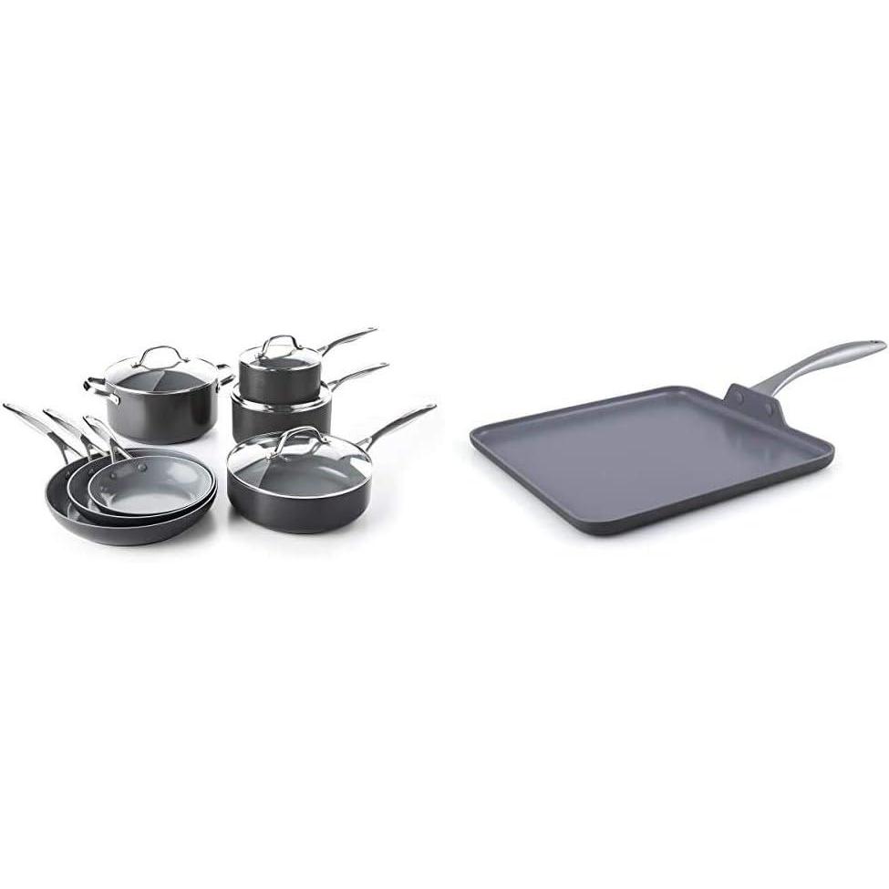 GreenPan Valencia Pro 100% Toxin-Free Healthy Ceramic Nonstick Metal Utensil Dishwasher/Oven Safe Cookware Set, 11-Piece, Gray & Lima 11″ Ceramic Non-Stick Square Griddle, Grey – CW000190-002