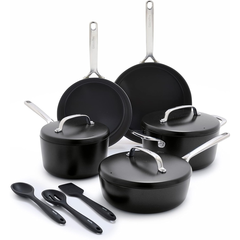 GreenPan GP5 Hard Anodized Healthy Ceramic Nonstick 10″ Frying Pan Skillet, Heavy Gauge Scratch Resistant, Stay Flat Surface, Induction, Mirror Finish Handle,Oven Safe, PFAS-Free, Black(14 Piece Cookware Pots and Pans Set)