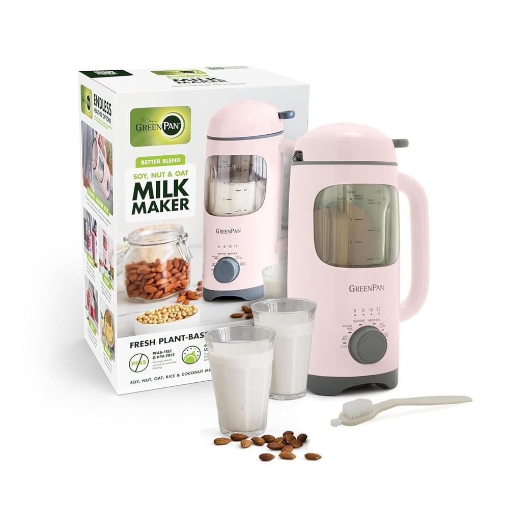GreenPan Nut Milk Maker, 15-in-1 Homemade Soy, Almond, Oat, Coconut, Non-Dairy, Rice, Soup, Baby Food, BPA-Free, Smooth Creamy Texture, Self Clean, Barista Quality Milk, Delay Start, Boil Water, Pink(Pink)