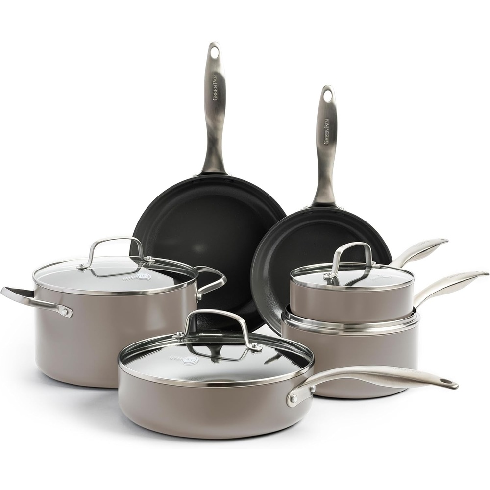 GreenPan Canterbury Hard Anodized Healthy Ceramic Nonstick, 10 Piece Cookware Pots and Pans Set, PFAS-Free, Dishwasher Safe, Oven Safe, Black(Clay)