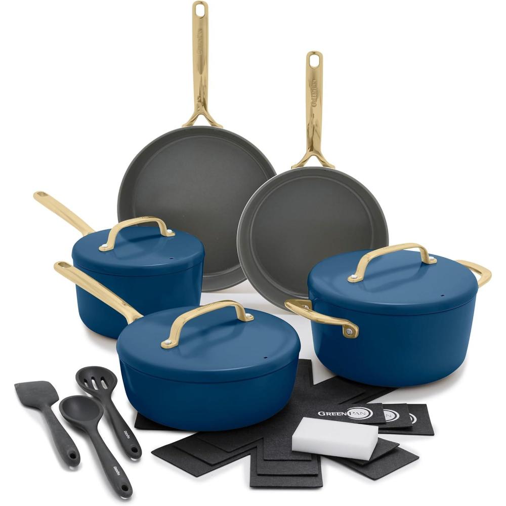 GreenPan GP5 Hard Anodized Healthy Ceramic Nonstick 14 Piece Cookware Pots and Pans Set, Induction, PFAS-Free, Heavy Gauge Stay-Flat Surface, Champagne Handles, Oven Safe, Rainforest Green(Blue)