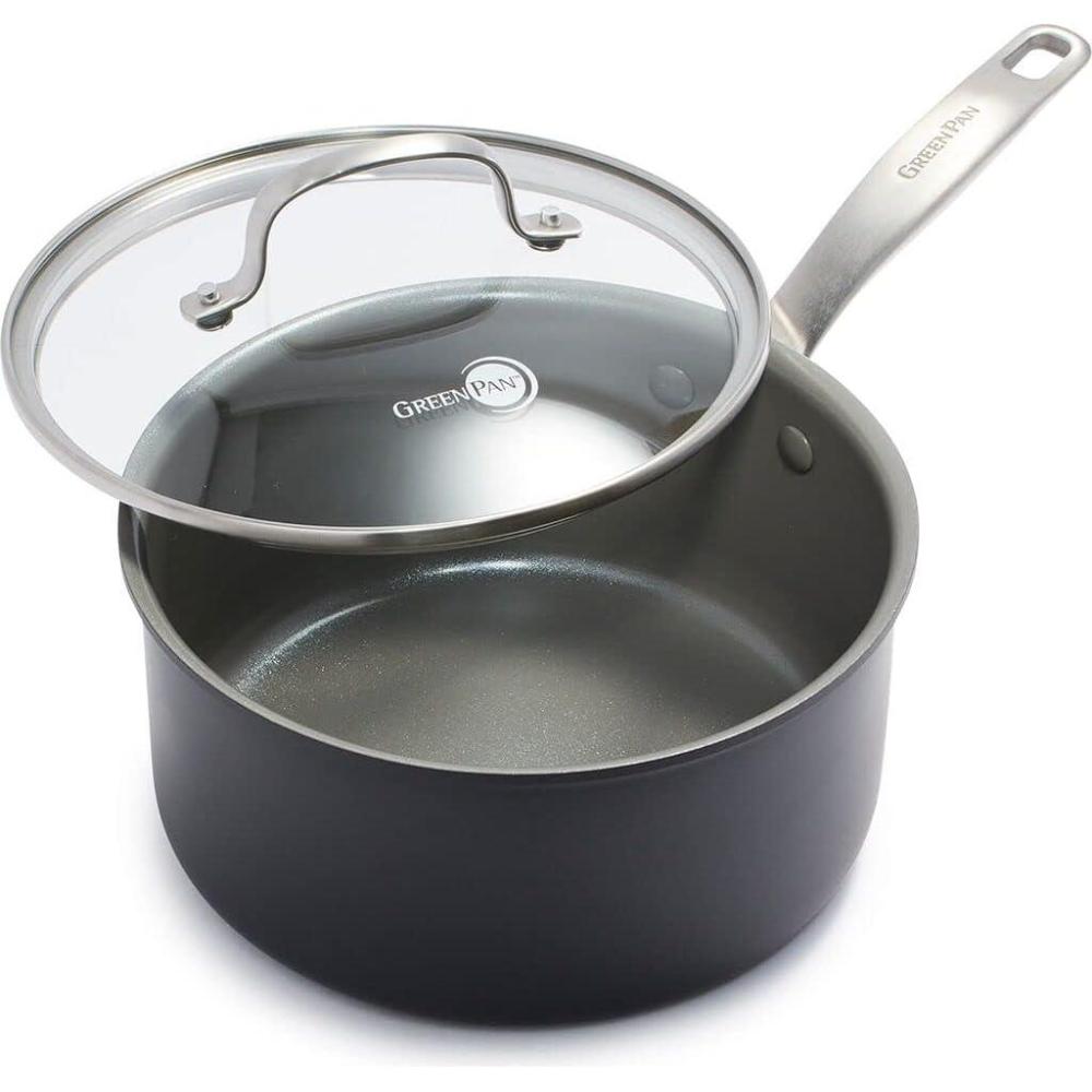 GreenPan Chatham Hard Anodized Healthy Ceramic Nonstick, 3QT Saucepan Pot with Lid, PFAS-Free, Dishwasher Safe, Oven Safe, Gray(3 Quarts)