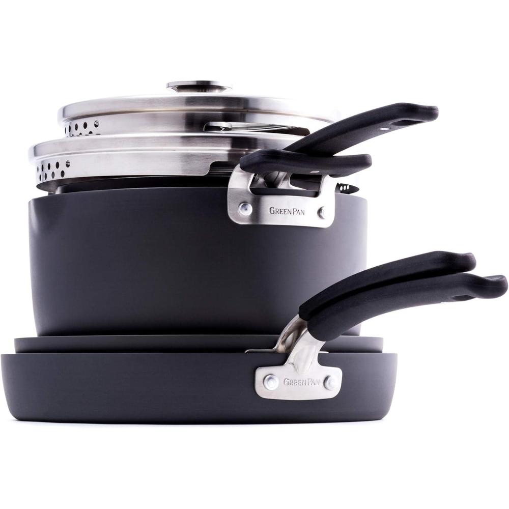 GreenPan Levels Stackable Hard Anodized Healthy Ceramic Nonstick, 6 Piece Cookware Pots and Pans Set, PFAS-Free, Dishwasher Safe, Black(Cookware Pots and Pans Set  6 Piece)