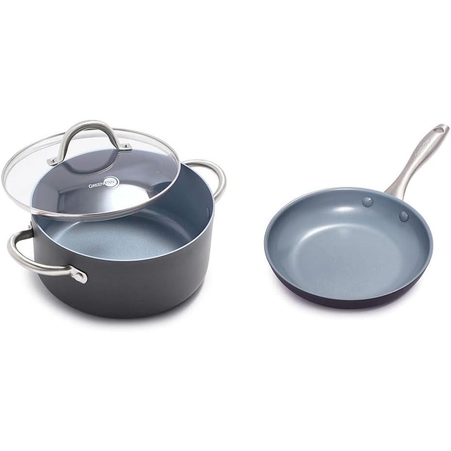 GreenPan Lima Hard Anodized Healthy Ceramic Nonstick 5QT Stock Pot with Lid and 8″ Frying Pan Skillet Bundle, PFAS-Free