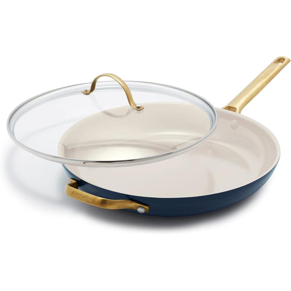 GreenPan Hard Anodized Healthy Ceramic Nonstick 12″ Frying Pan Skillet with Helper Handle and Lid, Gold Handle, PFAS-Free, Dishwasher Safe, Oven Safe, Julep Green(Twilight Blue)