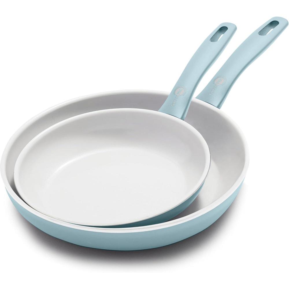 GreenPan Dover 8 10 2 Piece Frying Pan Skillet Set, Non-Toxic PFAS-Free Ceramic Nonstick Coating, Sear Saute Fry Egg Omlete, Dishwasher & Oven Safe, Stay Cool Handle, Easy Pour Rims, Cream White(Blue Haze)