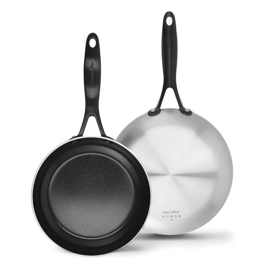 GreenPan Venice Pro Noir Tri-Ply Stainless Steel Healthy Ceramic Nonstick 12″ Frying Pan Skillet with Lid, Matte Black Handle, PFAS-Free, Multi Clad, Induction, Dishwasher Safe, Oven Safe, Silver(8 Inch and 10 Inch)