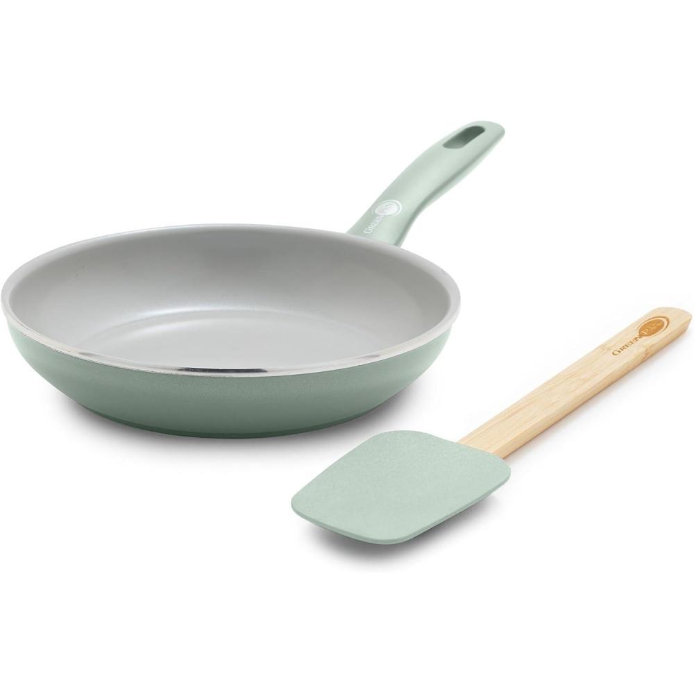 GreenPan Dover 8 Frying Pan Skillet with Spatula, Non-Toxic PFAS-Free Ceramic Nonstick Coating, Sear Saute Fry Egg Omlete, Dishwasher & Oven Safe, Stay-Cool Handle, Easy Pour Rims, Gray(Pastel Green)