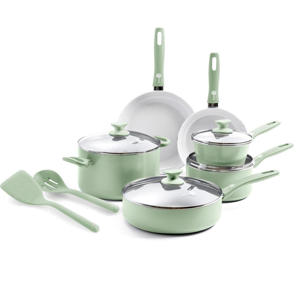 GreenPan Dover Healthy Ceramic Nonstick, 12 Piece Cookware Pots and Pans Set, PFAS-Free, Dishwasher Safe, Comfort Grip Handle, Gray(Pastel Green)