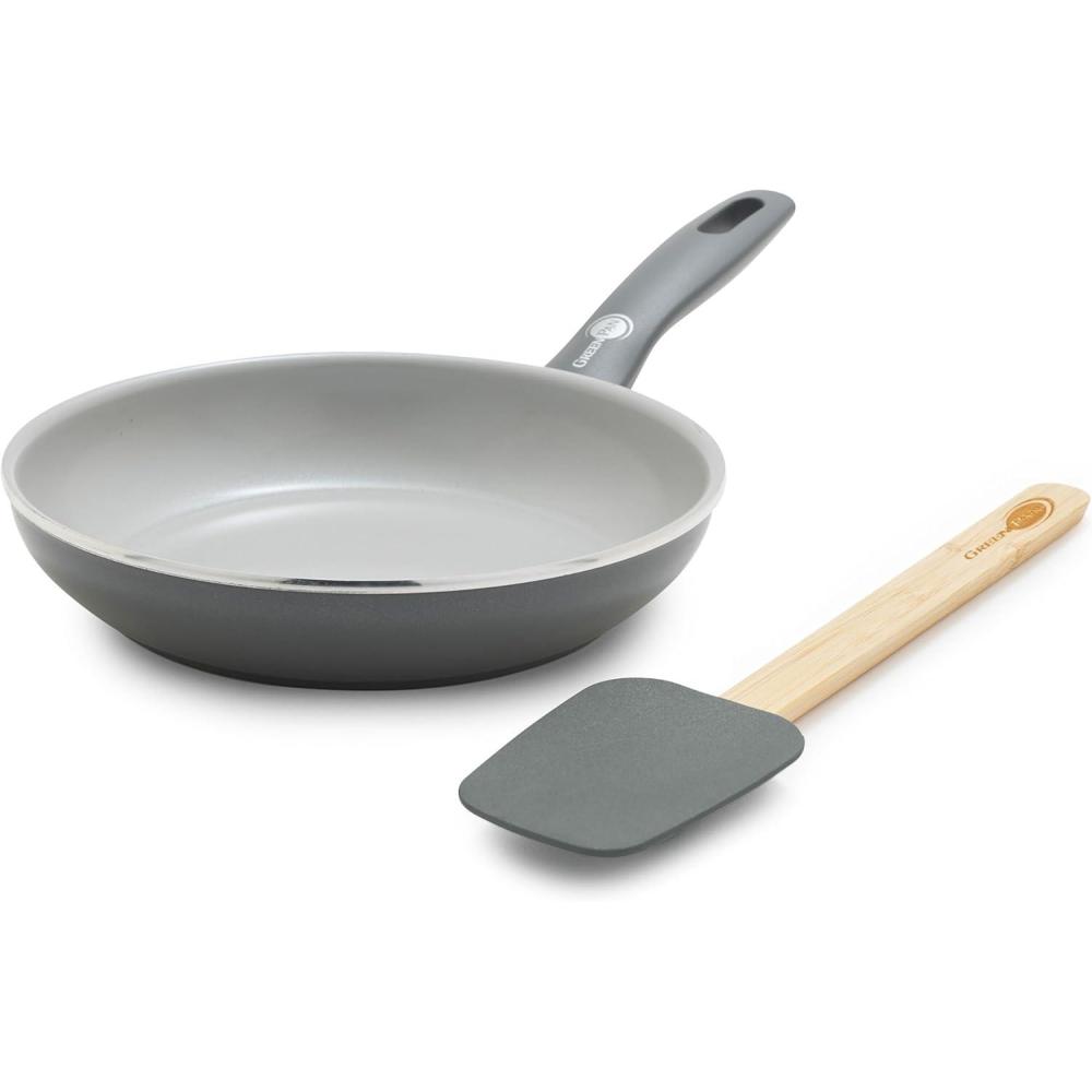 GreenPan Dover 8 Frying Pan Skillet with Spatula, Non-Toxic PFAS-Free Ceramic Nonstick Coating, Sear Saute Fry Egg Omlete, Dishwasher & Oven Safe, Stay-Cool Handle, Easy Pour Rims, Gray(Gray)