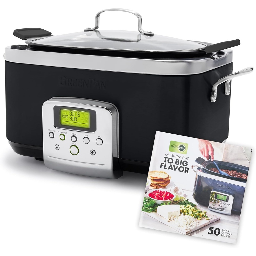 GreenPan Elite 8-in-1 Programmable 6 Quart Electric Slow Cooker, GlassLid & Removable Crock, PFAS-Free Healthy Ceramic Nonstick Multi-Cooker,Sear, Sauté/Brown,Roast Black + Slow Cooker Cookbook