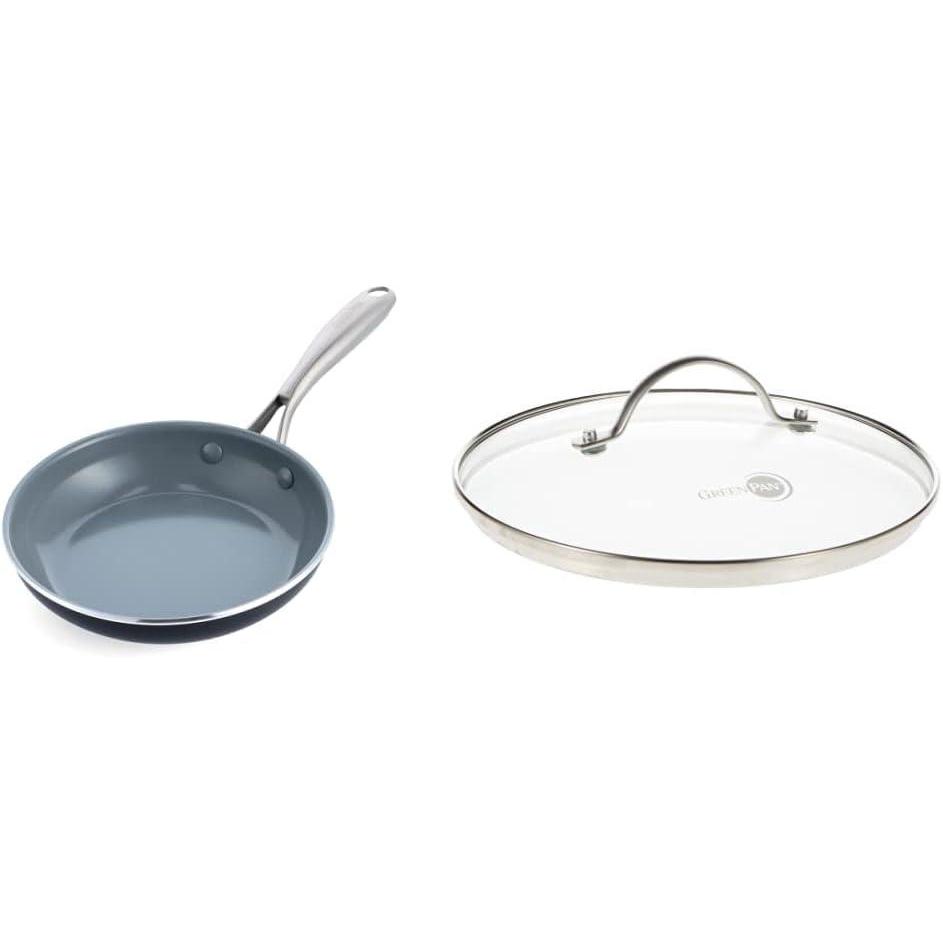 GreenPan Swift Healthy Ceramic Nonstick, 8″ Frying Pan Skillet, Stainless Steel Handle, PFAS-Free, Dishwasher Safe, Oven Safe, Black & Glass Lid with Stainless Steel Handle, 8″