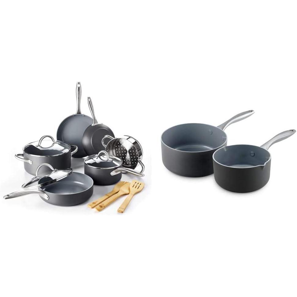 GreenPan Lima Healthy Ceramic Nonstick, Cookware Pots and Pans Set, 12 Piece, Gray & Lima 1QT and 2QT Ceramic Non-Stick Saucepan Set, Gray -(Cookware Pots and Pans Set  12 Piece)