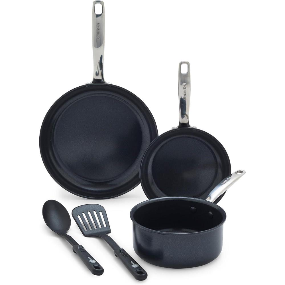 GreenPan Chatham Black Prime Midnight Hard Anodized Healthy Ceramic Nonstick 11 Piece Cookware Pots and Pans Set, PFAS-Free, Dishwasher Safe, Oven Safe, Black(5 Piece Cookware Pots and Pans Set)