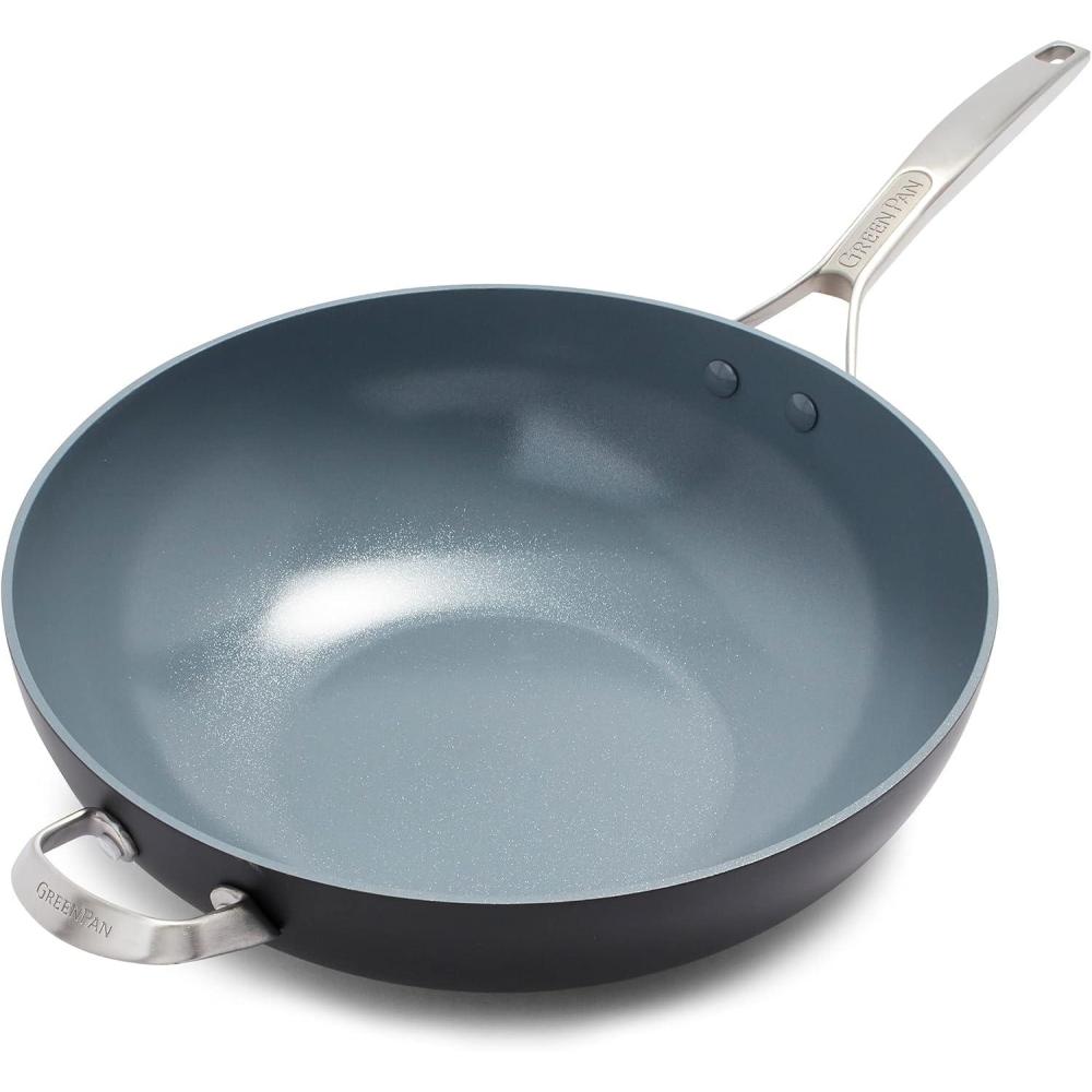 GreenPan Paris Pro Hard Anodized Healthy Ceramic Nonstick, 11″ Square Grill Pan, PFAS-Free, Dishwasher Safe, Grey(12.5″ Wok Pan with Helper Handle)