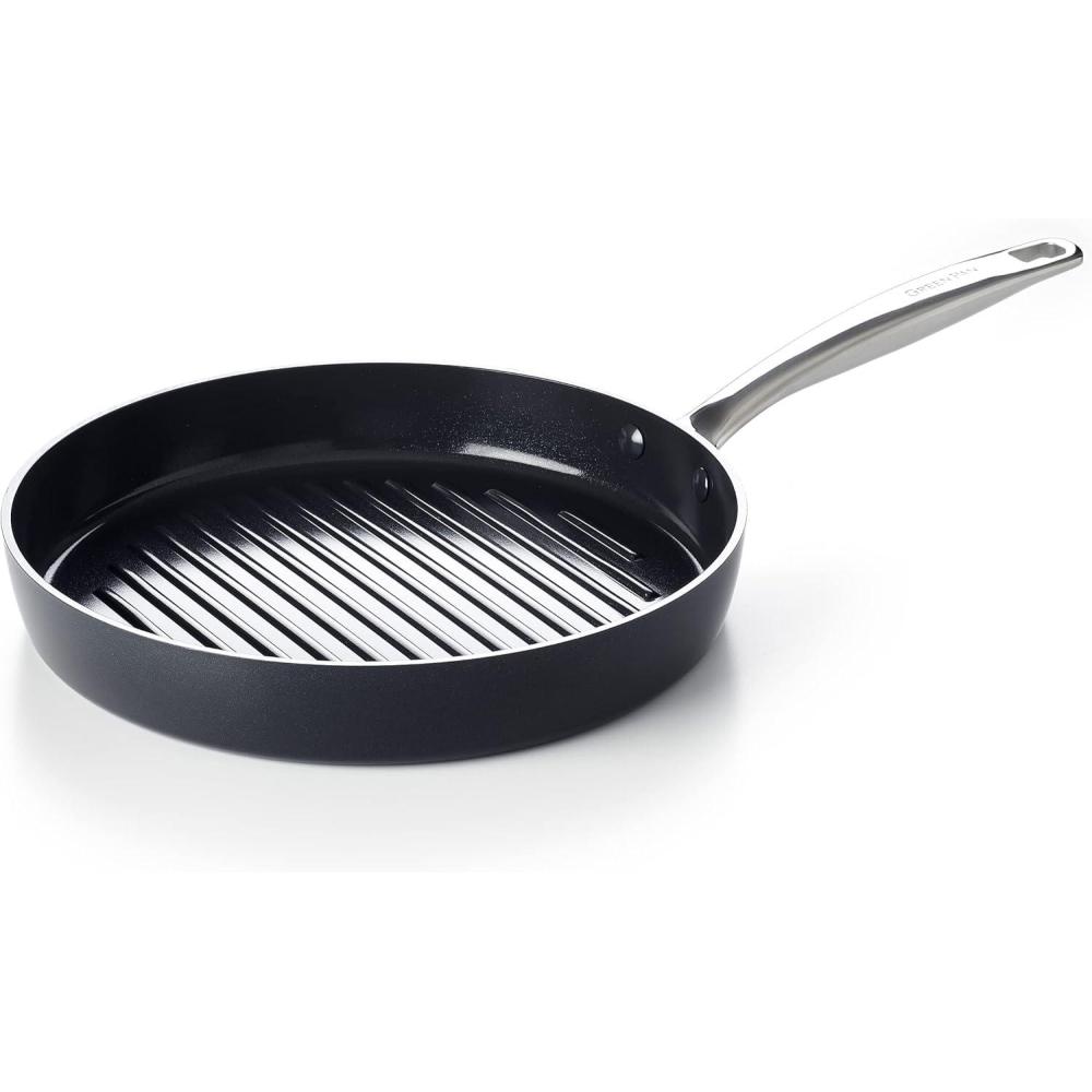 GreenPan Chatham Black Prime Midnight Hard Anodized Healthy Ceramic Nonstick, 11″ Grill Pan, PFAS-Free, Dishwasher Safe, Oven Safe, Black