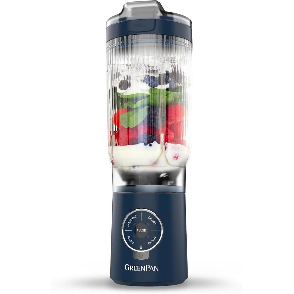 GreenPan Spin & Go Portable Blender, 24oz BPA-Free Cup, Self-Cleaning, Shakes Smoothies Juices, Crushed Ice & Frozen Fruits, Leakproof Lid, Fast Charge, Personal Handheld for Travel & Gym, Dove Gray(Oxford Blue)
