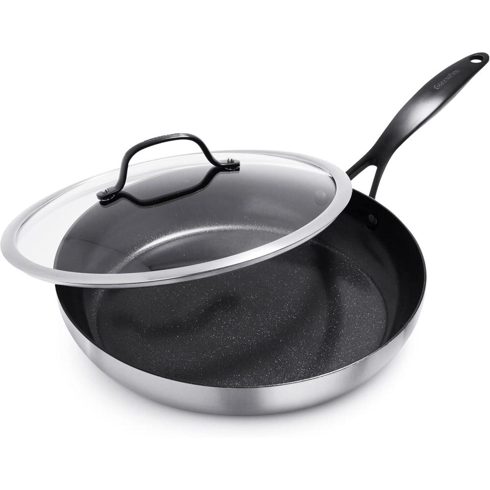 GreenPan Venice Pro Noir Tri-Ply Stainless Steel Healthy Ceramic Nonstick 12″ Frying Pan Skillet with Lid, Matte Black Handle, PFAS-Free, Multi Clad, Induction, Dishwasher Safe, Oven Safe, Silver(12 Inch)