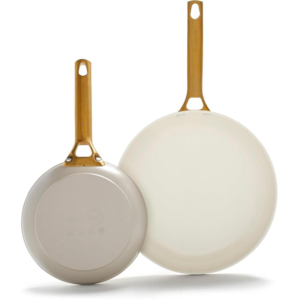 GreenPan Hard Anodized Healthy Ceramic Nonstick 10″ and 12″ Frying Pan Skillet Set, Gold Handle, PFAS-Free, Dishwasher Safe, Oven Safe, Black(Taupe)