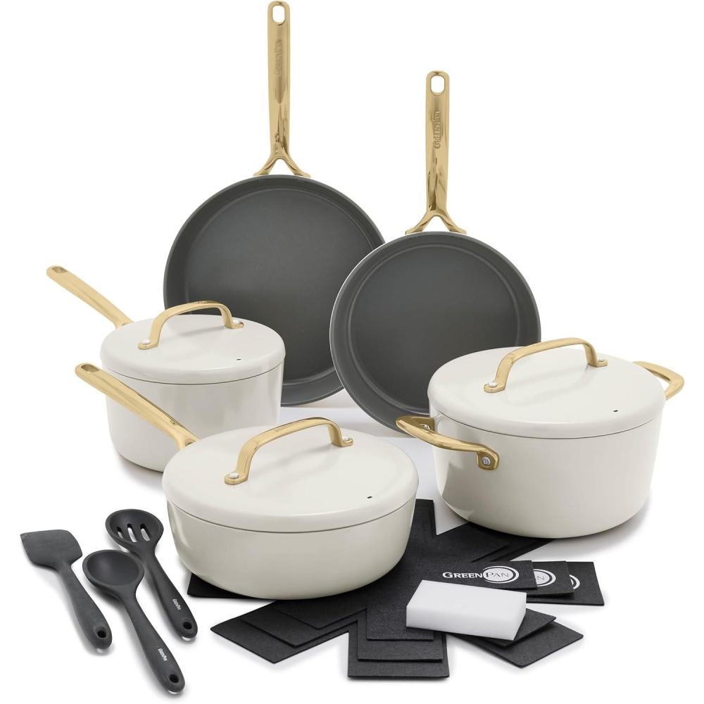 GreenPan GP5 Hard Anodized Healthy Ceramic Nonstick 14 Piece Cookware Pots and Pans Set, Induction, PFAS-Free, Heavy Gauge Stay-Flat Surface, Champagne Handles, Oven Safe, Rainforest Green(Clay)