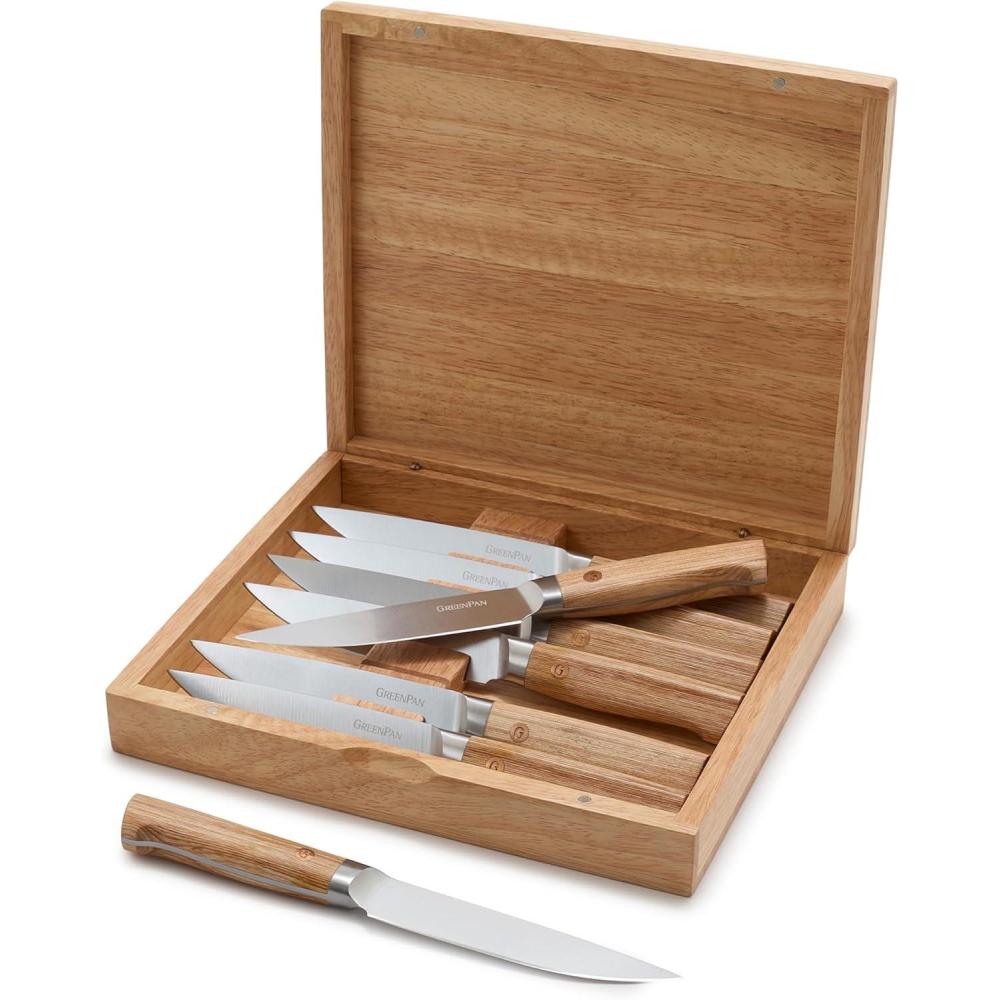 GreenPan 16-Piece Knife Block Set, Professional Stainless Steel Blades with Titanium Coating, Ultra-Sharp Kitchen Cutlery, Chef, Santoku, Bread & Steak Knives, Ergonomic Grip, Slip Resistant, Gray(Light Wood)