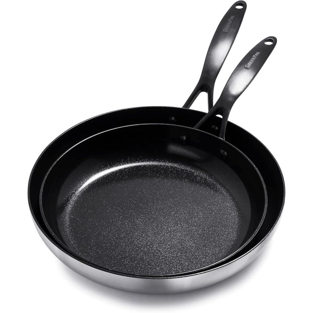 GreenPan Venice Pro Noir Tri-Ply Stainless Steel Healthy Ceramic Nonstick 12″ Frying Pan Skillet with Lid, Matte Black Handle, PFAS-Free, Multi Clad, Induction, Dishwasher Safe, Oven Safe, Silver(10 Inch and 12 Inch)