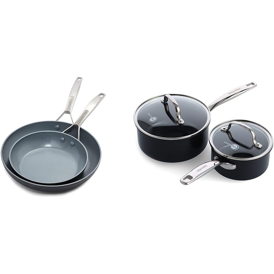 GreenPan Paris Pro Hard Anodized Healthy Ceramic Nonstick, 8″ and 10″ Frying pan Skillet Set & Chatham Black Prime Midnight Hard Anodized Healthy Ceramic Nonstick, 1QT and 2QT Saucepan