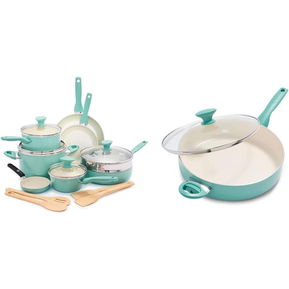 GreenPan Rio Healthy Ceramic Nonstick, Cookware Pots and Pans Set, 16 Piece, Turquoise & Rio Healthy Ceramic Nonstick, Saute Pan with Lid, 5QT, Turquoise