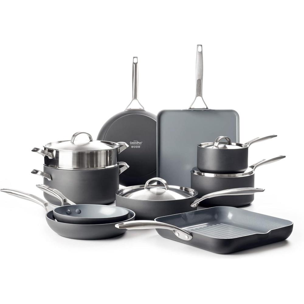 GreenPan Paris Pro Hard Anodized Healthy Ceramic Nonstick, 11 Piece Cookware Pots and Pans Set with Stainless Steel Lids, PFAS-Free, Dishwasher Safe, Grey(14 Piece Cookware Pots and Pans Set)