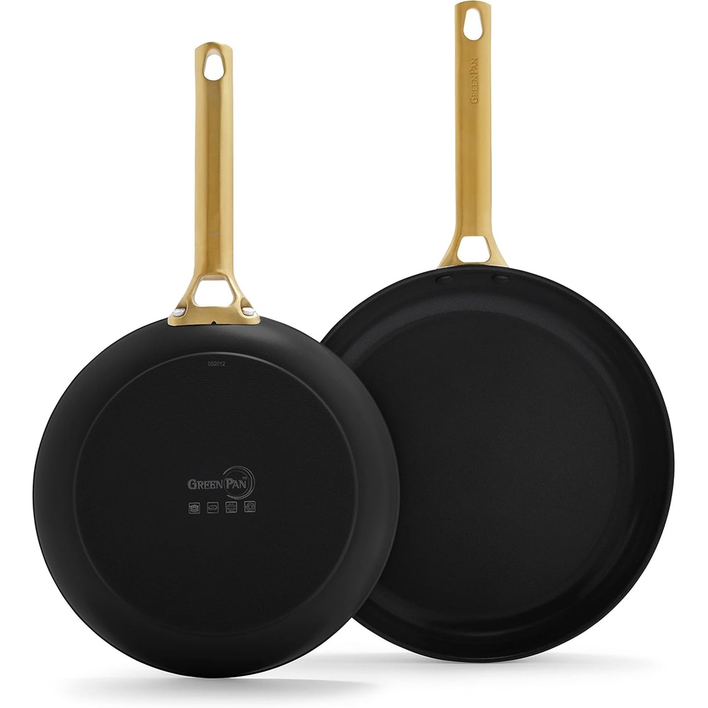 GreenPan Hard Anodized Healthy Ceramic Nonstick 8″ and 10″ Frying Pan Skillet Set, Gold Handle, PFAS-Free, Dishwasher Safe, Oven Safe, Black