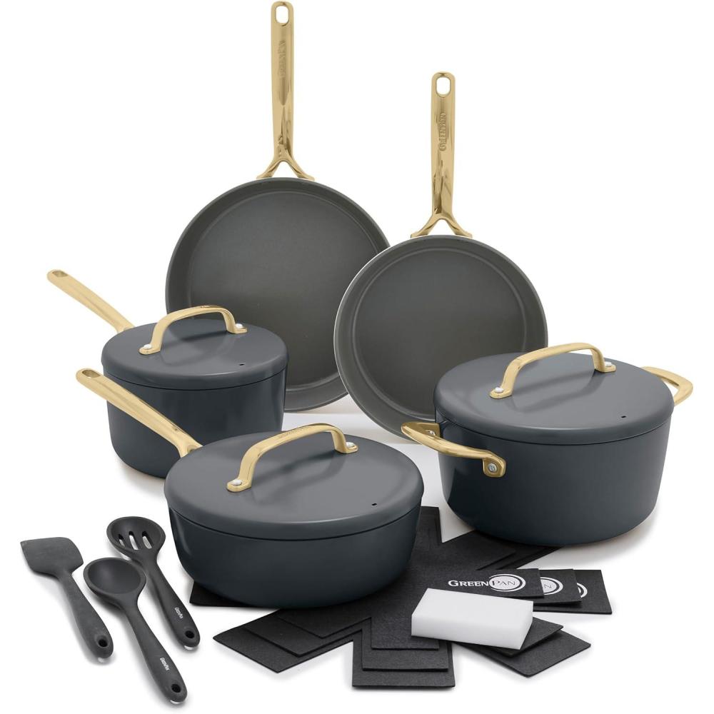 GreenPan GP5 Hard Anodized Healthy Ceramic Nonstick 14 Piece Cookware Pots and Pans Set, Induction, PFAS-Free, Heavy Gauge Stay-Flat Surface, Champagne Handles, Oven Safe, Rainforest Green(Charcoal Gray)