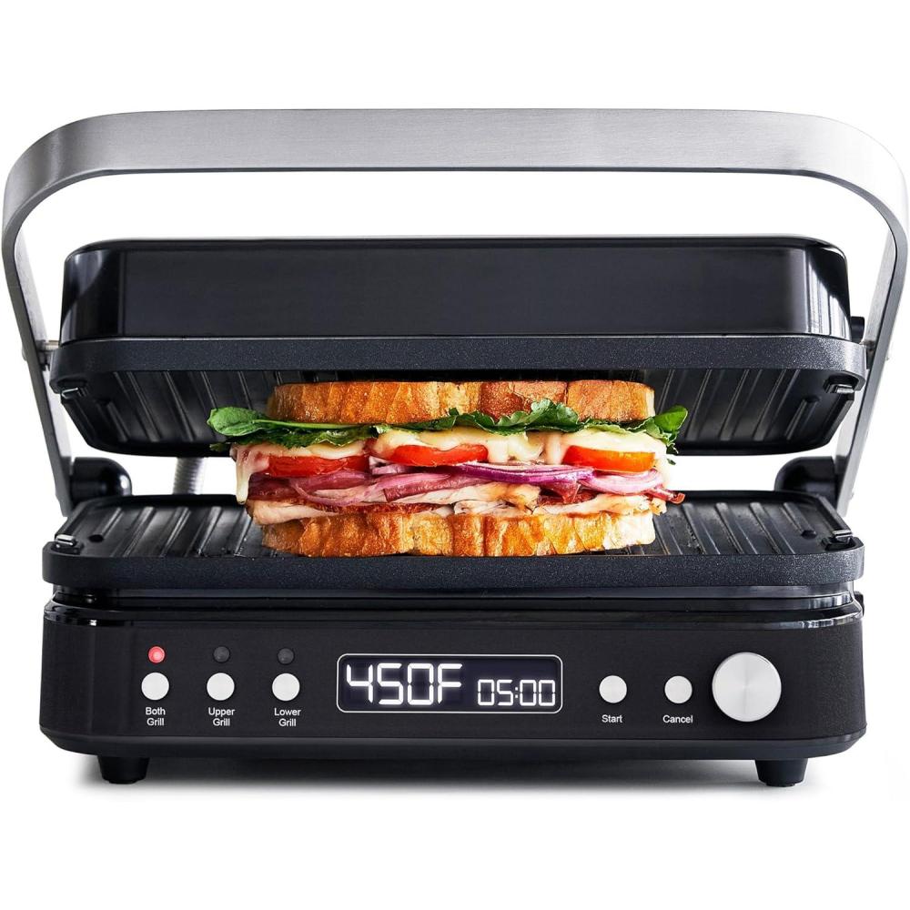 GreenPan 6-in-1 Multifunction Removable Plate Indoor Grill & Electric Griddle, Diamond Infused PFAS Free Ceramic Nonstick Reversible Plates, Opens Flat, Adjustable Temp, Panini Press, Black