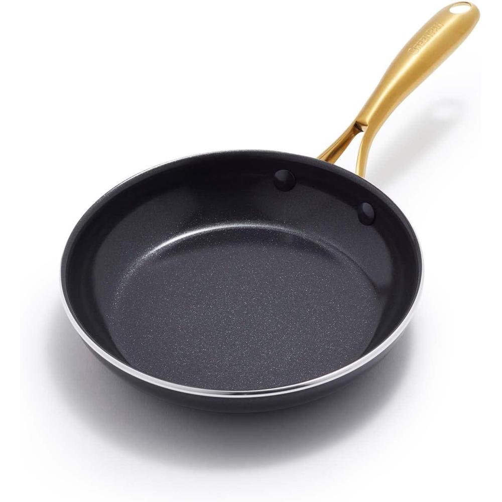 Green Pan Glass Lid, 10.2 inches (26 cm), Stainless Steel, Gold Handle, Fully Physical Strengthening, Dishwasher Safe(1. Frying pan)