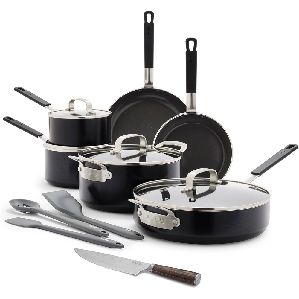 GreenPan x Bobby Flay 13 Piece Cookware Pots and Pans Set and 8″ Chef’s Knife. PFAS & PFOA-Free Ceramic Nonstick, Induction Suitable, Stay-Cool Silicone Handle, Dishwasher & Oven Safe, Black