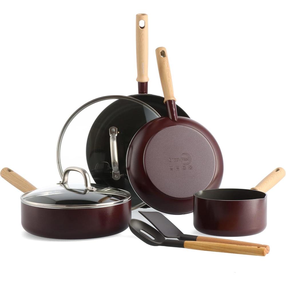 GreenPan Hudson Healthy Ceramic Nonstick, 4 Piece Cookware Pots and Pans Set, Vintage Wood Inspired Handle, PFAS-Free, Dishwasher Safe, Black(Merlot Red)