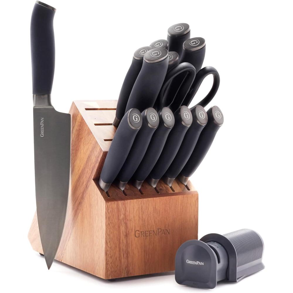 GreenPan 16-Piece Knife Block Set, Professional Stainless Steel Blades with Titanium Coating, Ultra-Sharp Kitchen Cutlery, Chef, Santoku, Bread & Steak Knives, Ergonomic Grip, Slip Resistant, Gray(Gray)