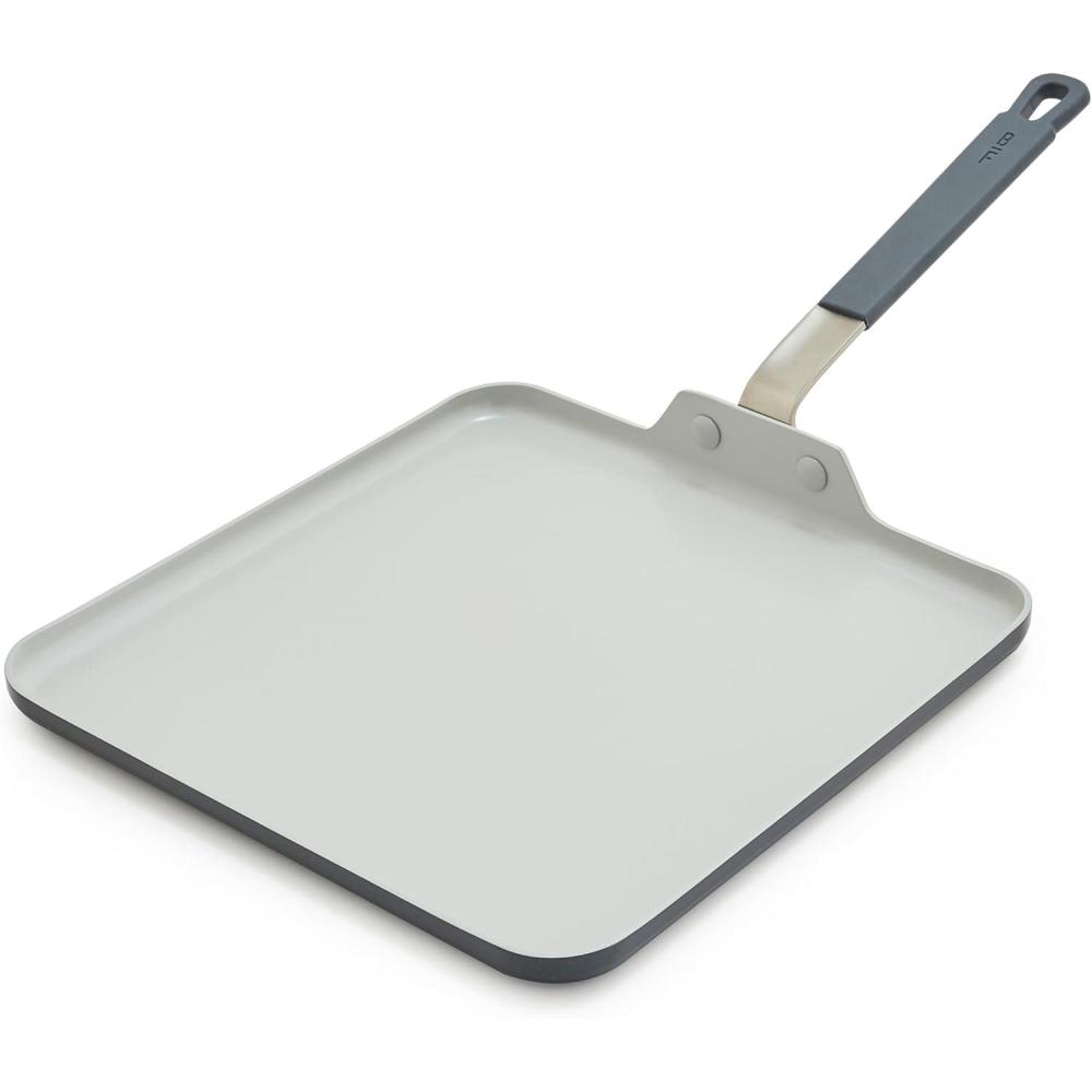 GreenPan x Bobby Flay 11 Nonstick Square Griddle Pan, PFAS-Free Diamond Ceramic Stay-Cool Silicone Handle, Easy Clean Dishwasher & Oven Safe Skillet, Cream(Graphite)